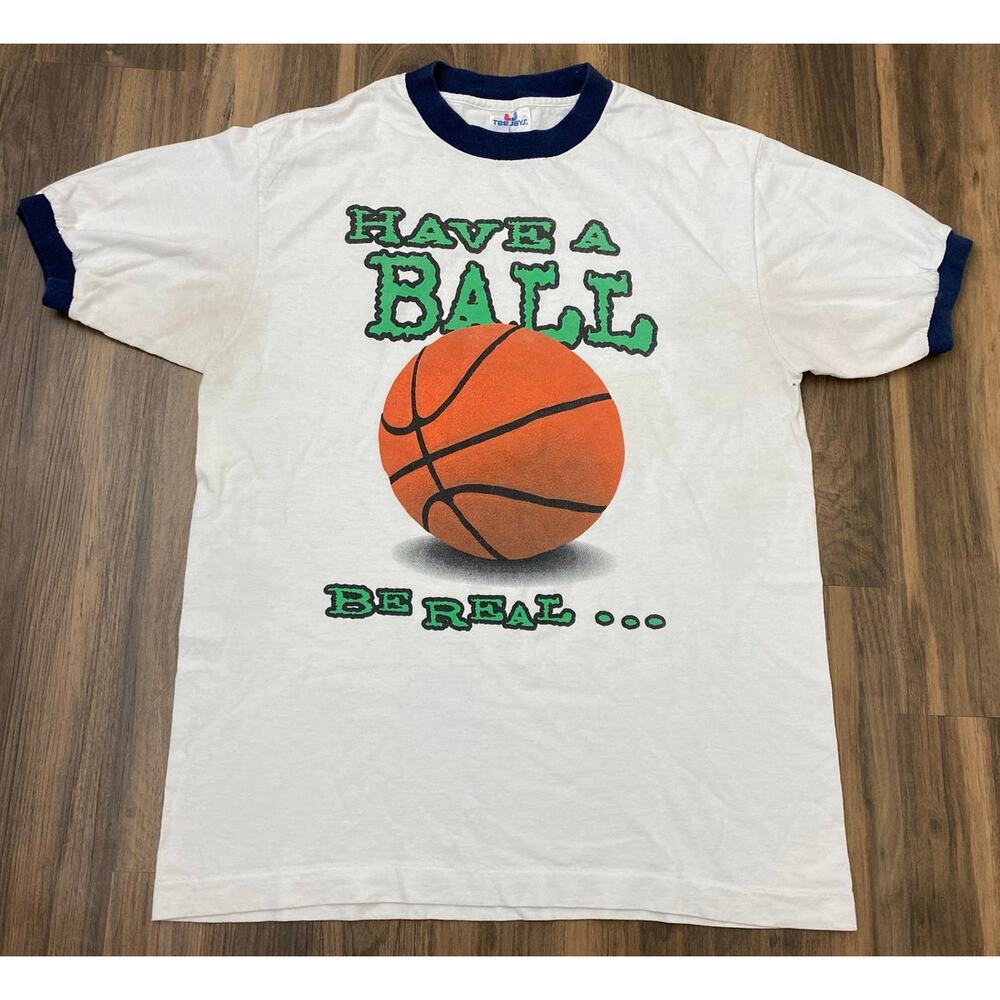 VTG 90s TeeJays USA "Have A Ball Be Real" basketball graphic ringer t-shirt L